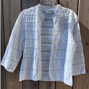 Chicos White Textured Open Front Jacket Mesh Panel Pleated 3/4 Sleeve Size L